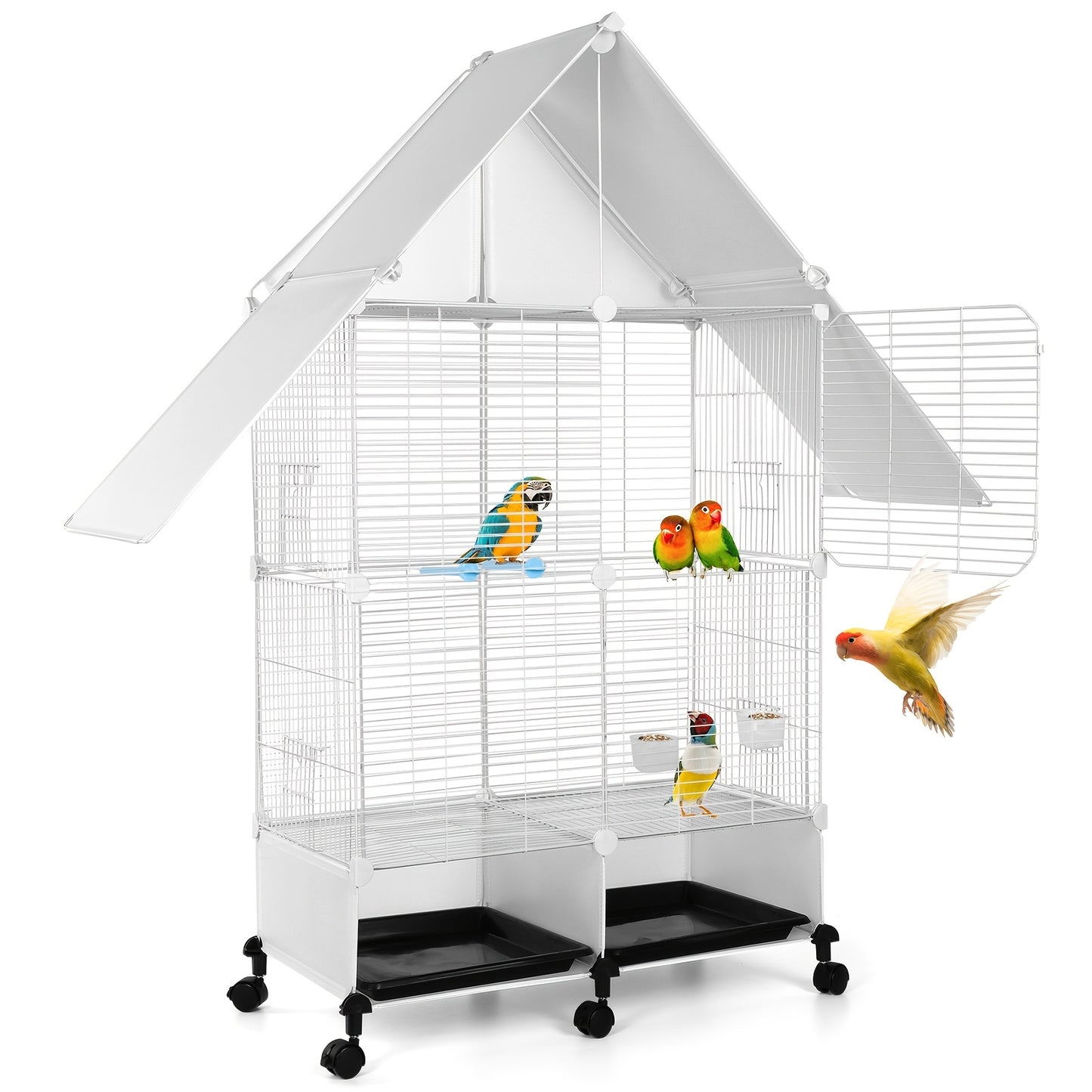 2 Tier Rolling Bird Cage Villa with Lockable Stand Sturdy Iron Construction White and Black Multi Level Design for Canaries Finches Budgies Lovebirds Parakeets and Cockatiels