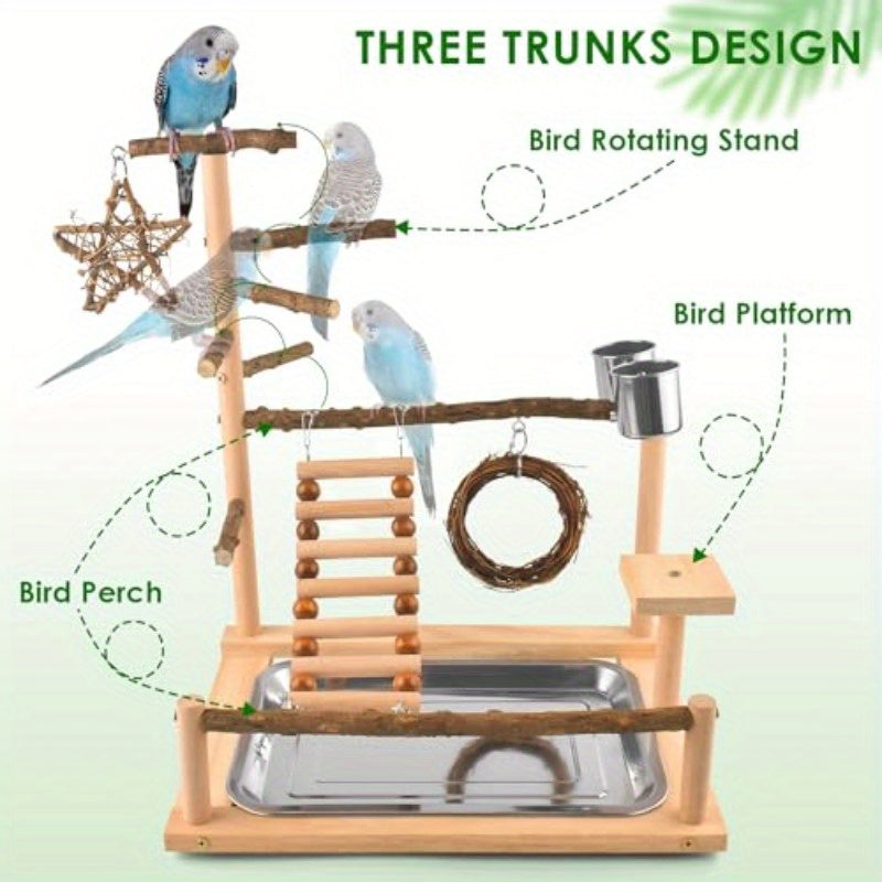 Natural Wooden Bird Playground with Rotating Perches Swing Ladder Removable Tray Stainless Steel Cups Chew Toy for Parakeets Conures Cockatiels Easy Assembly Portable Bird Cage Accessory