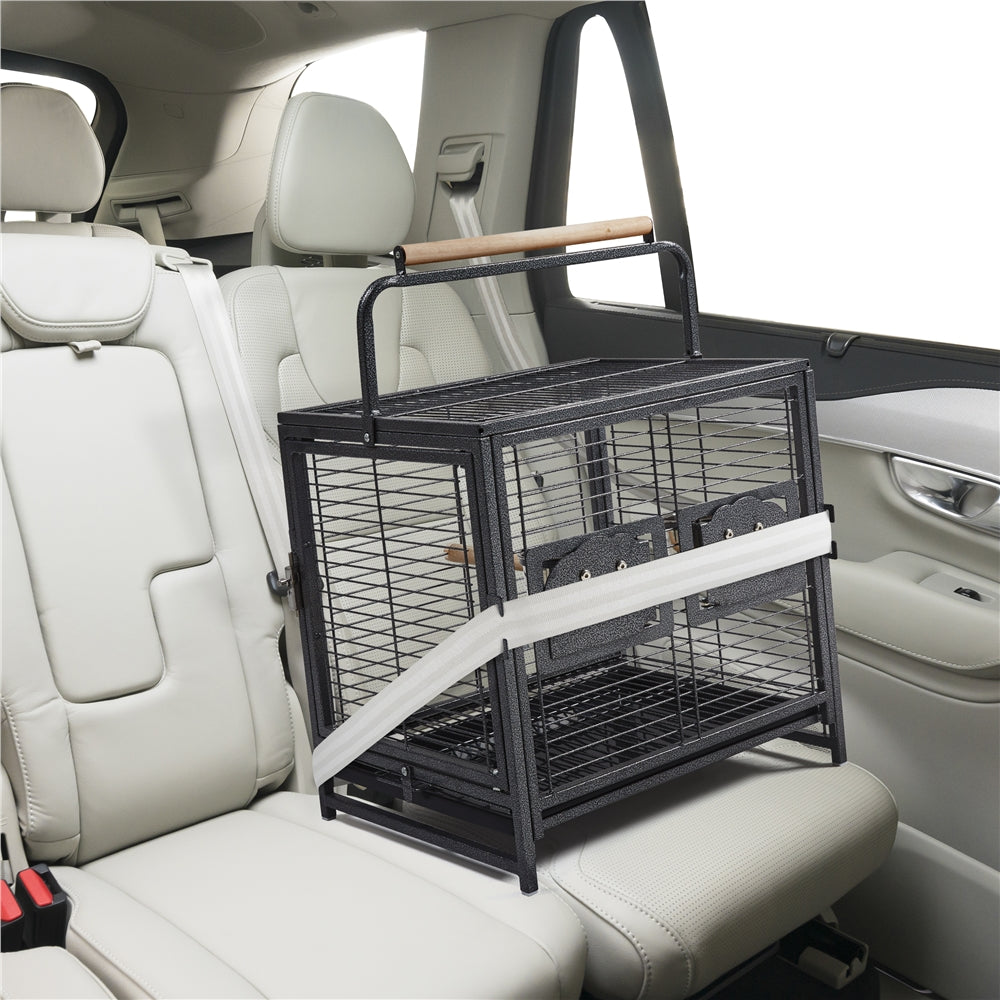 25.5'' Wrought Iron Travel Bird Cage Carrier with Handle, Wooden Perch & Seed Guard