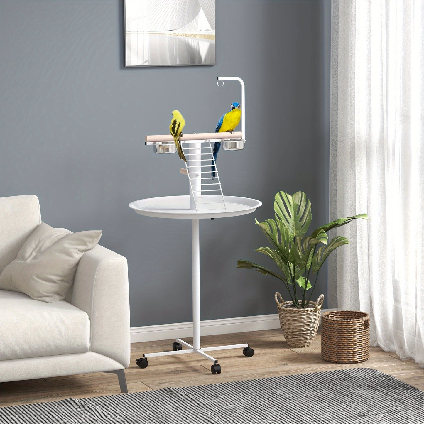 PawHut Bird Stand Parrot Stand with Wheels Perches Stainless Steel Feed Bowls Round Tray Bird Play Stand for Indoor Outdoor White