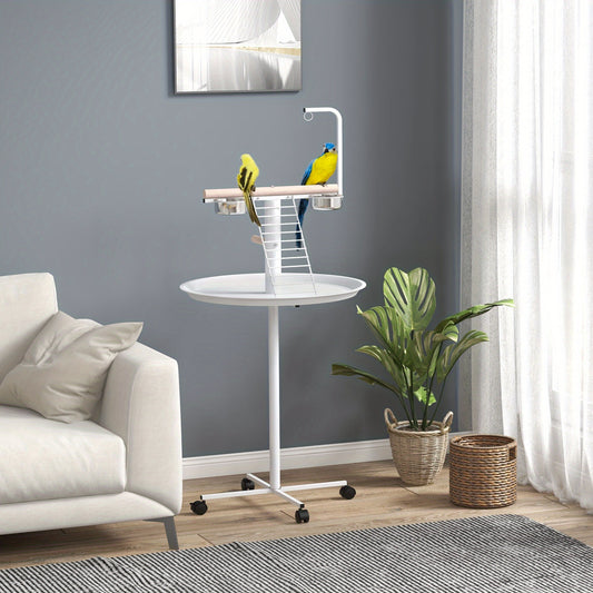 PawHut Bird Stand Parrot Stand with Wheels Perches Stainless Steel Feed Bowls Round Tray Bird Play Stand for Indoor Outdoor White