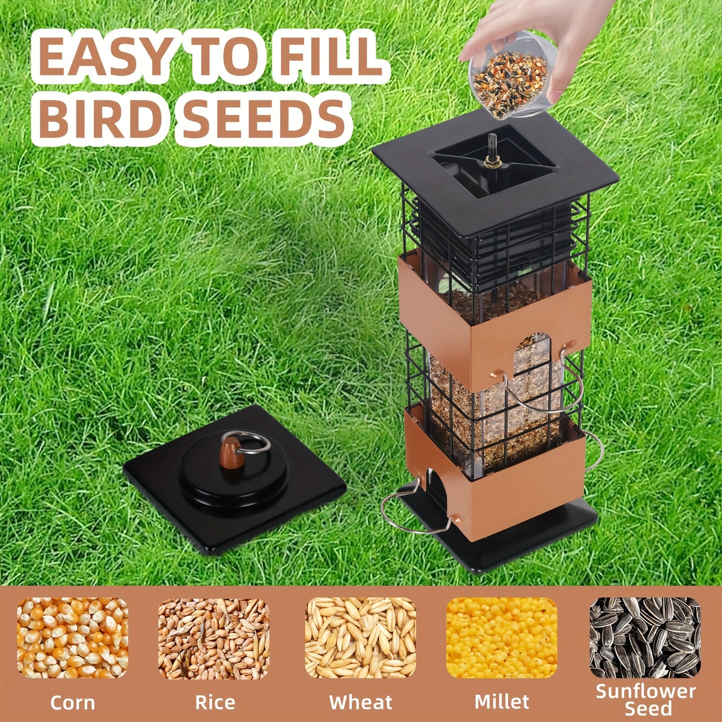 Squirrel Proof Bird Feeder for Outdoors Large Capacity Metal Hanging Feeder with Weight Activated Design Weather Resistant Construction Easy Hang Chains for Wild Birds