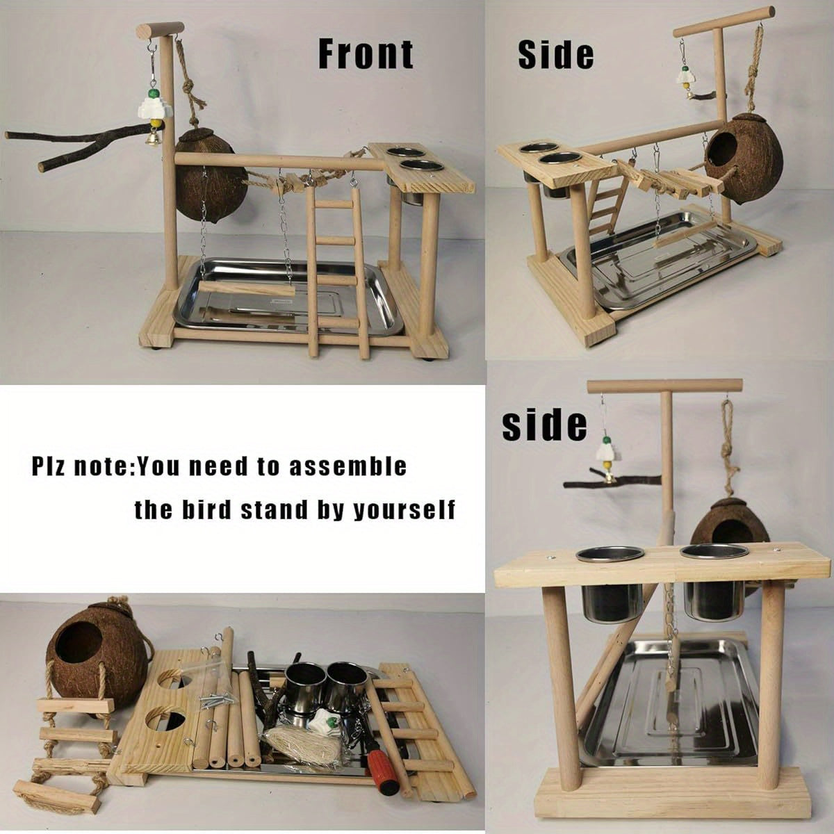 Natural Wood Parrot Playground Activity Center with Ladder Hanging Swing Feeder Cups and Chew Toys Exercise Gym for Cockatiels Conures and Lovebirds Bird Perch Training Stand for Mental Stimulation and Physical Activity