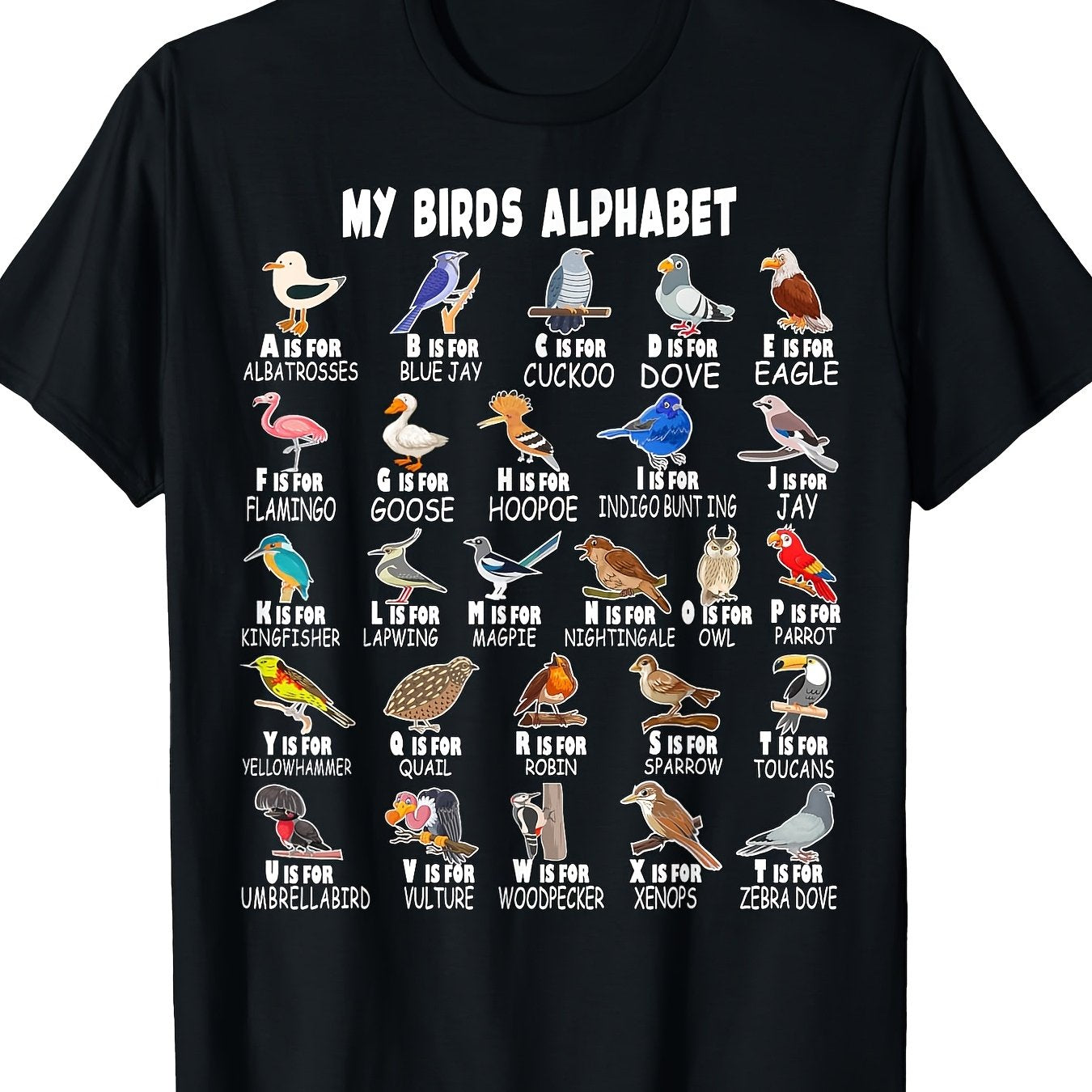 My Birds Alphabet A-Z ABC T-Shirt for Bird Lovers - 100% Cotton, 220g/m², Casual Short Sleeve Tee with Vibrant Bird Illustrations, Perfect for Casual Attire