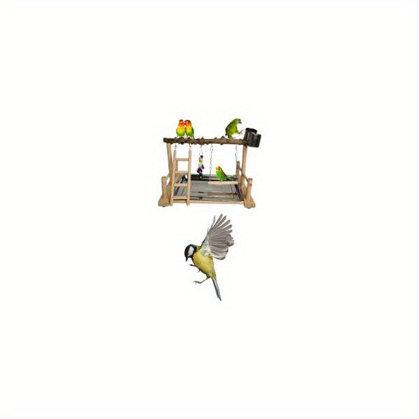 Natural Wood Parrot Playground Activity Center with Ladder Hanging Swing Feeder Cups and Chew Toys Exercise Gym for Cockatiels Conures and Lovebirds Bird Perch Training Stand for Mental Stimulation and Physical Activity