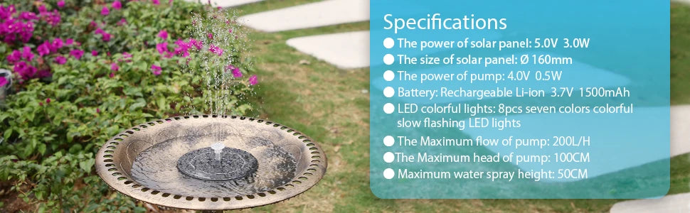1.5W Solar Fountain Pump with 6 Nozzles for Ponds