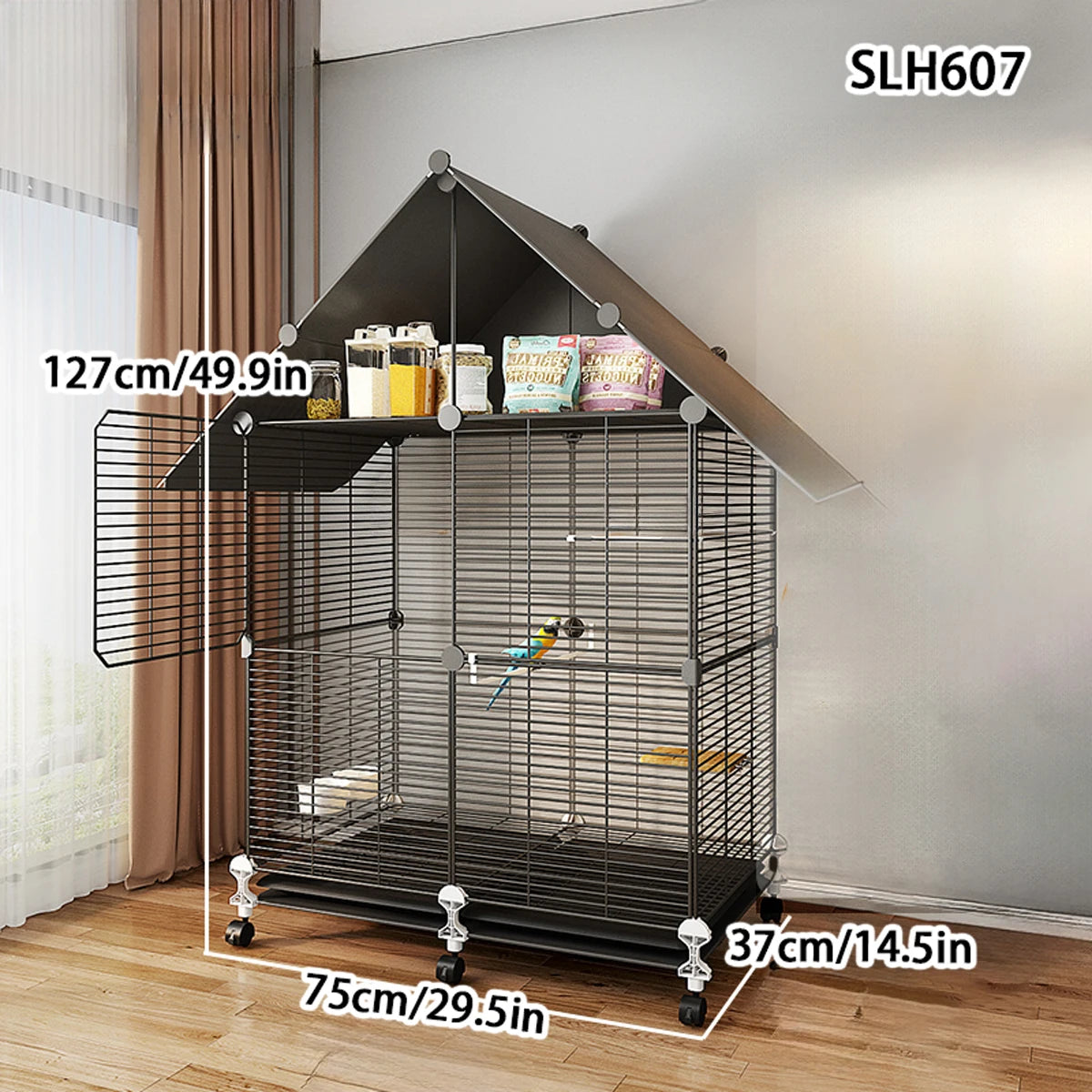 Large Black Wrought Iron Bird Cage for Parrots and Myna Birds with Toilet Bowl and Luxury Design