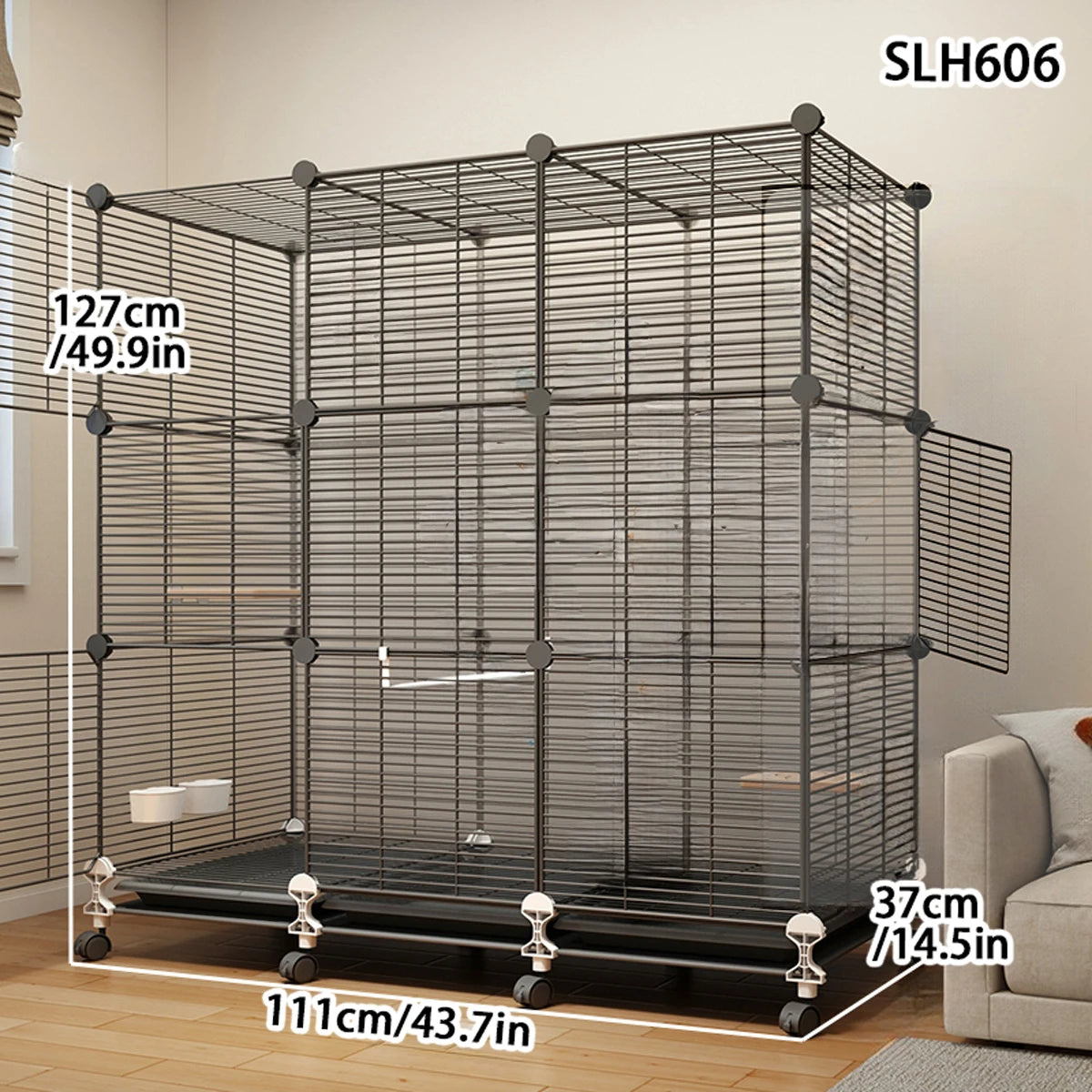 Large Black Wrought Iron Bird Cage for Parrots and Myna Birds with Toilet Bowl and Luxury Design