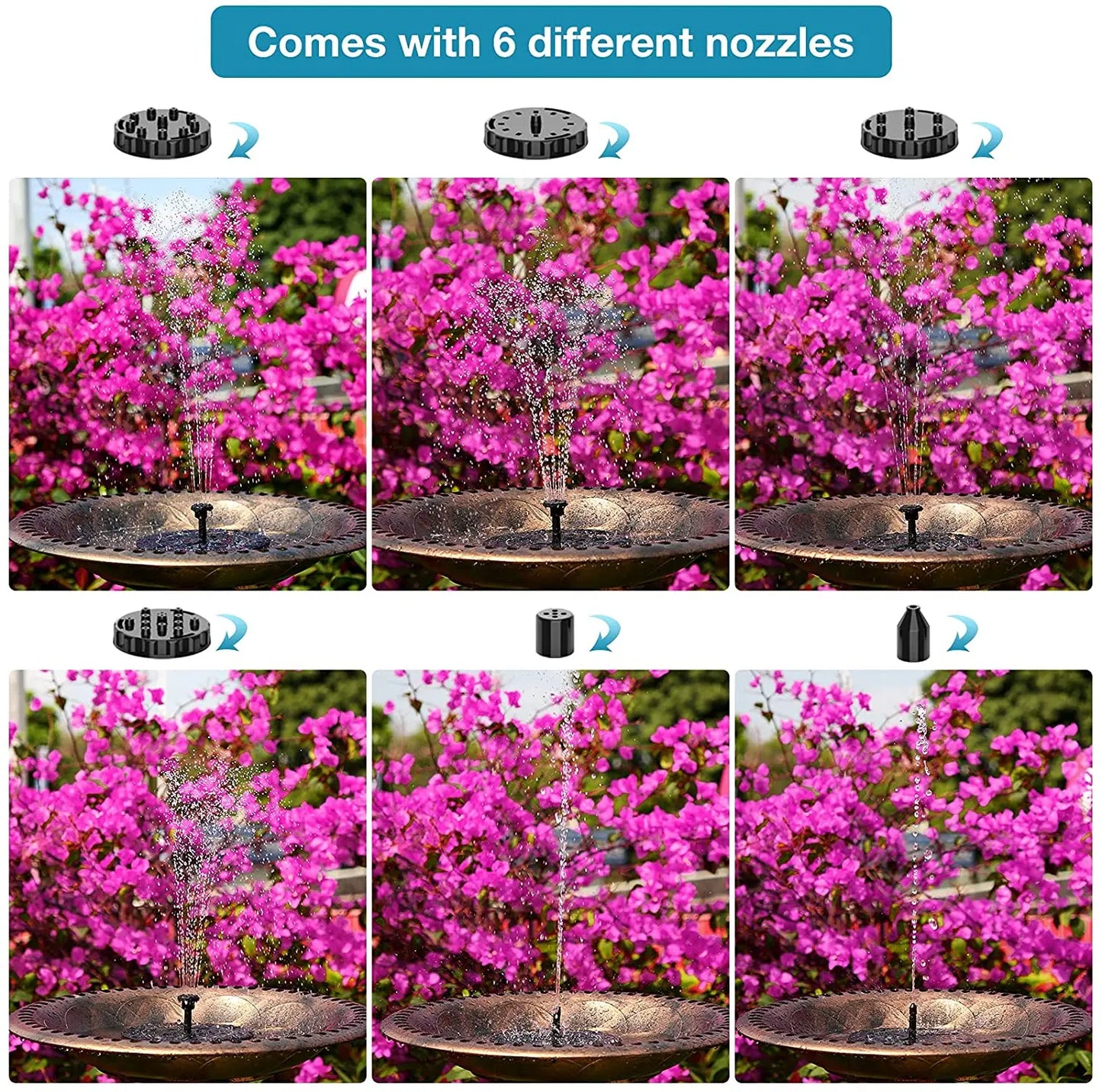 1.5W Solar Fountain Pump with 6 Nozzles for Ponds