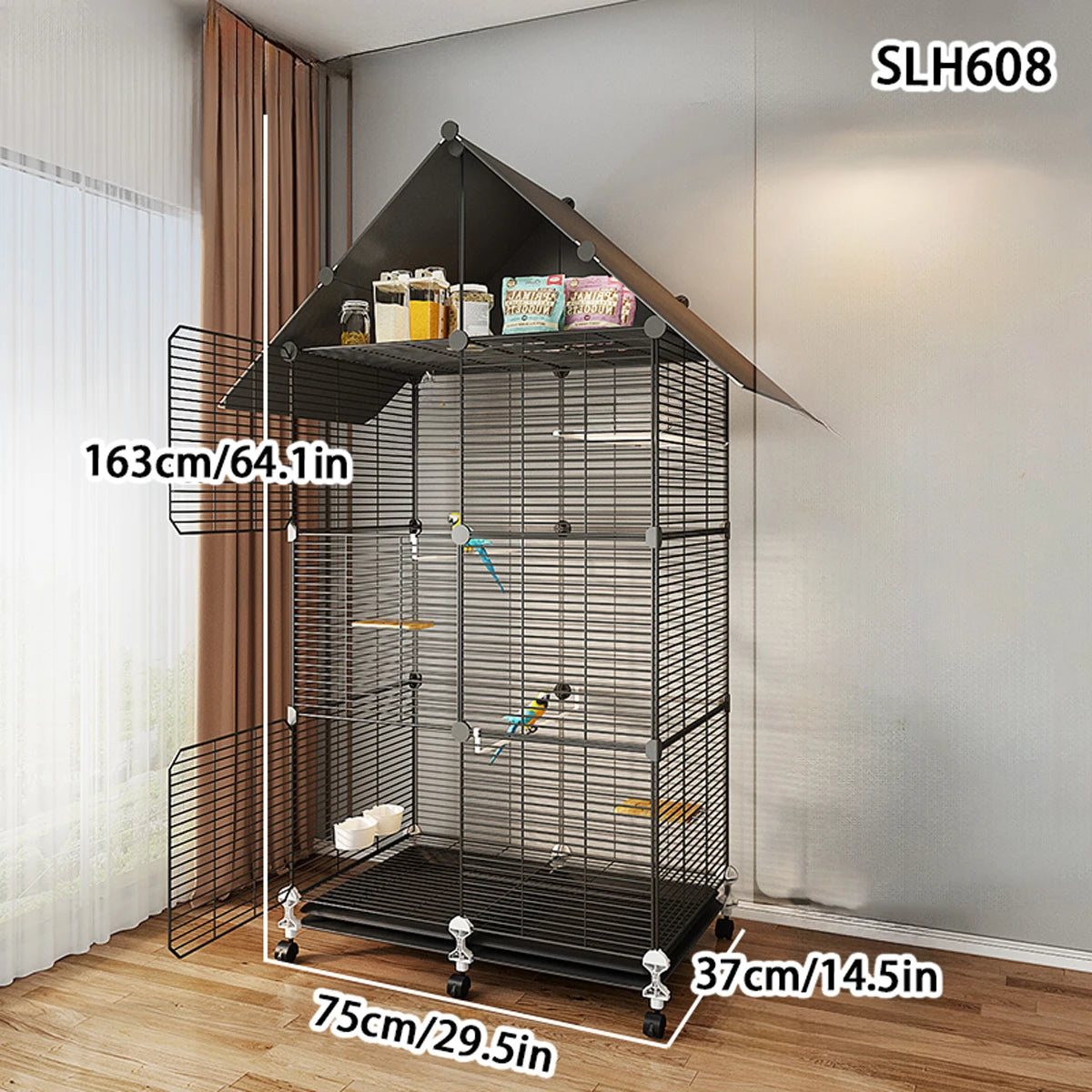 Large Black Wrought Iron Bird Cage for Parrots and Myna Birds with Toilet Bowl and Luxury Design