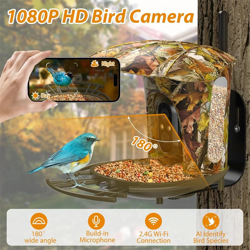 Smart Bird Feeder Camera Solar Powered Wireless 1080P HD