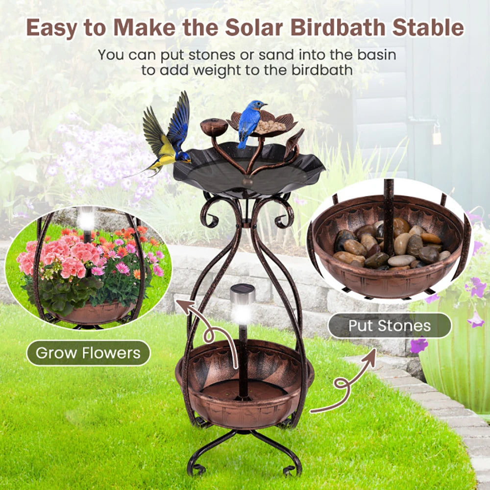 1 Pc Solar Outdoor Bird Bath Feeder Combo with Flower Planter