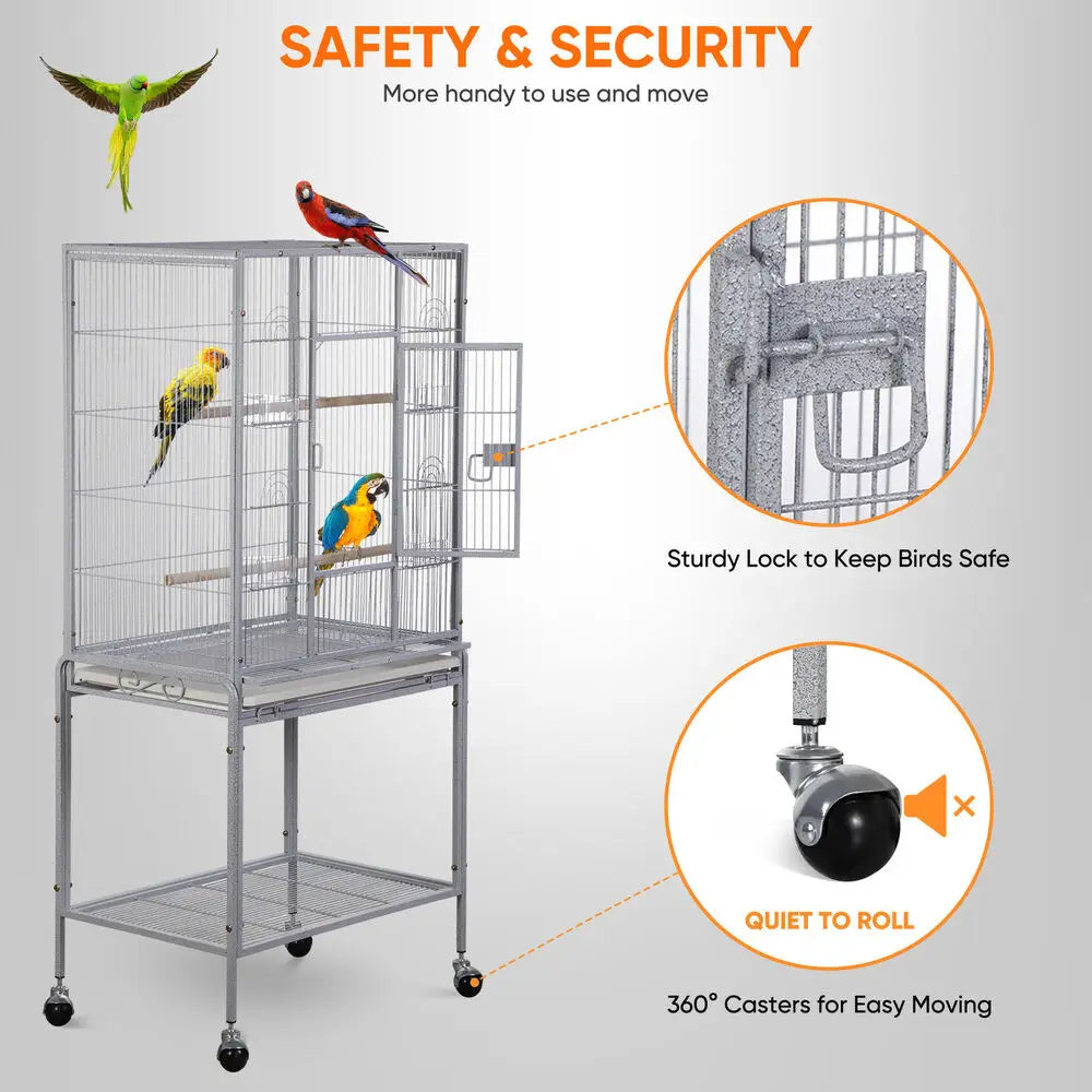 53 Inch Durable Wrought Iron Bird Cage with Stand for Small and Medium Birds White