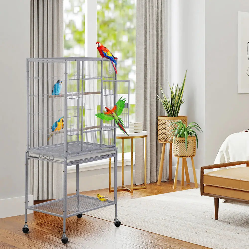 53 Inch Durable Wrought Iron Bird Cage with Stand for Small and Medium Birds White