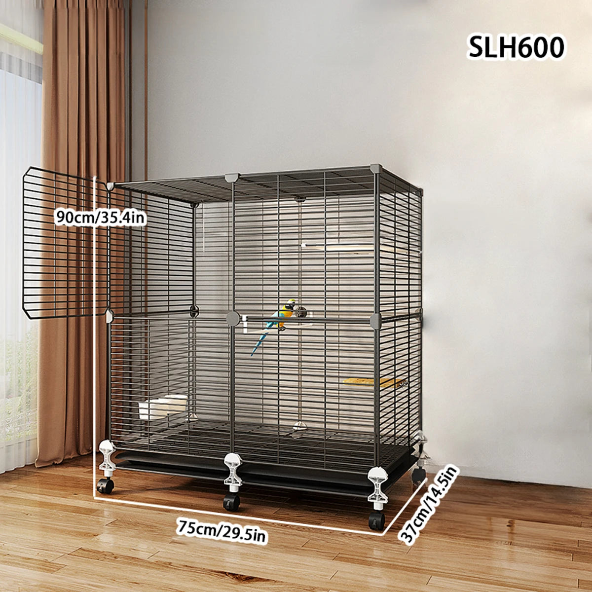 Large Black Wrought Iron Bird Cage for Parrots and Myna Birds with Toilet Bowl and Luxury Design