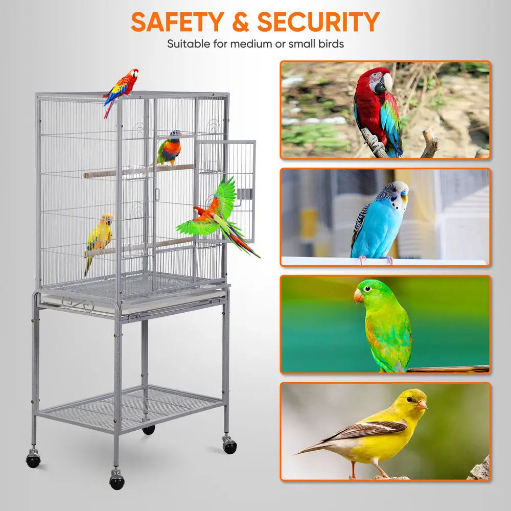 53 Inch Durable Wrought Iron Bird Cage with Stand for Small and Medium Birds White