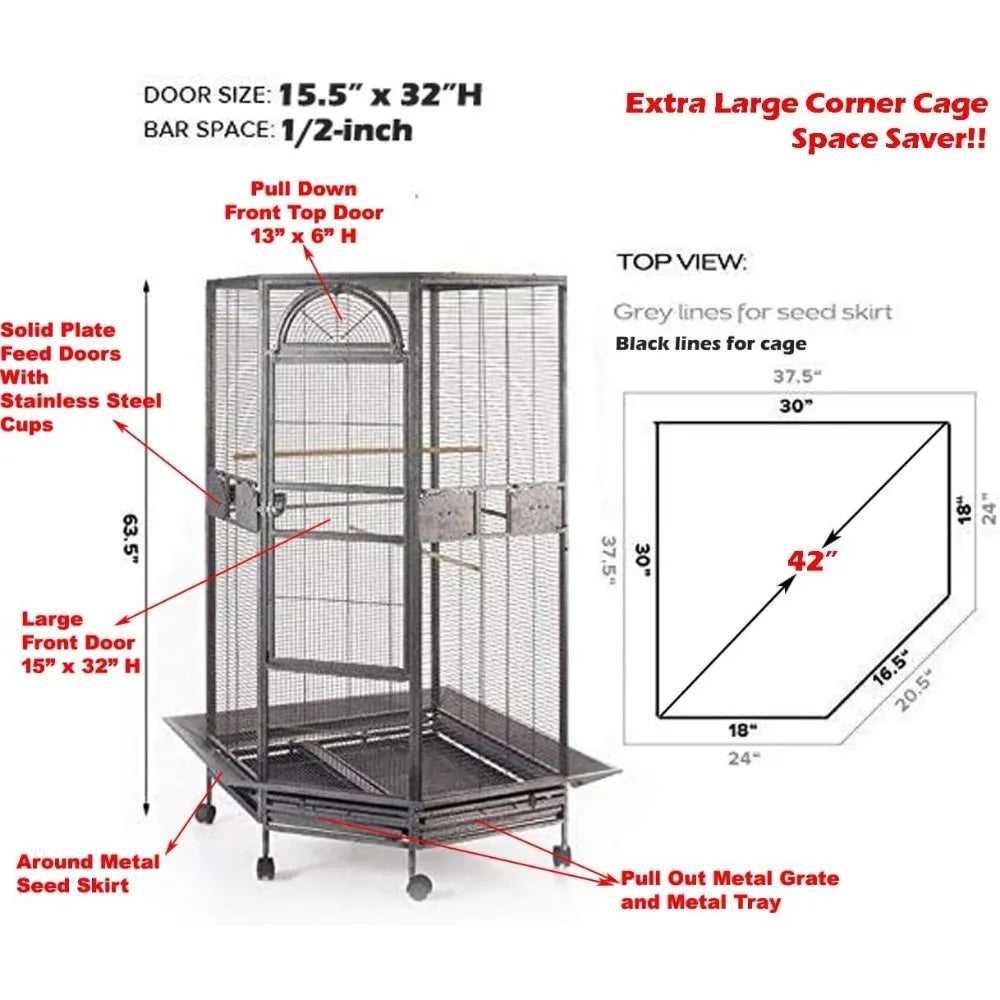 64 Inch Extra Large Corner Flight Bird Parrot Cage for Cockatiel Parakeet Budgies Parrot with Around Metal Seed Skirts