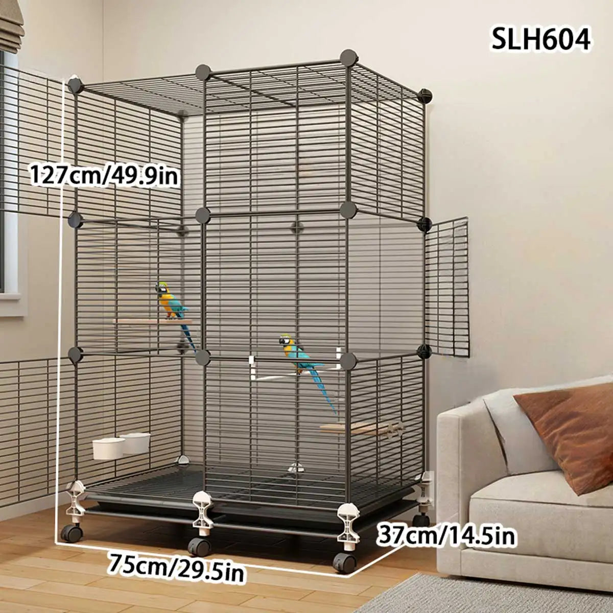 Large Black Wrought Iron Bird Cage for Parrots and Myna Birds with Toilet Bowl and Luxury Design