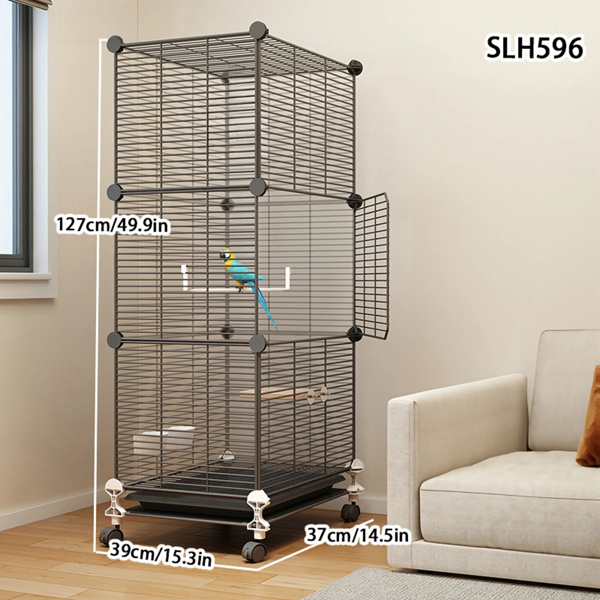 Large Black Wrought Iron Bird Cage for Parrots and Myna Birds with Toilet Bowl and Luxury Design
