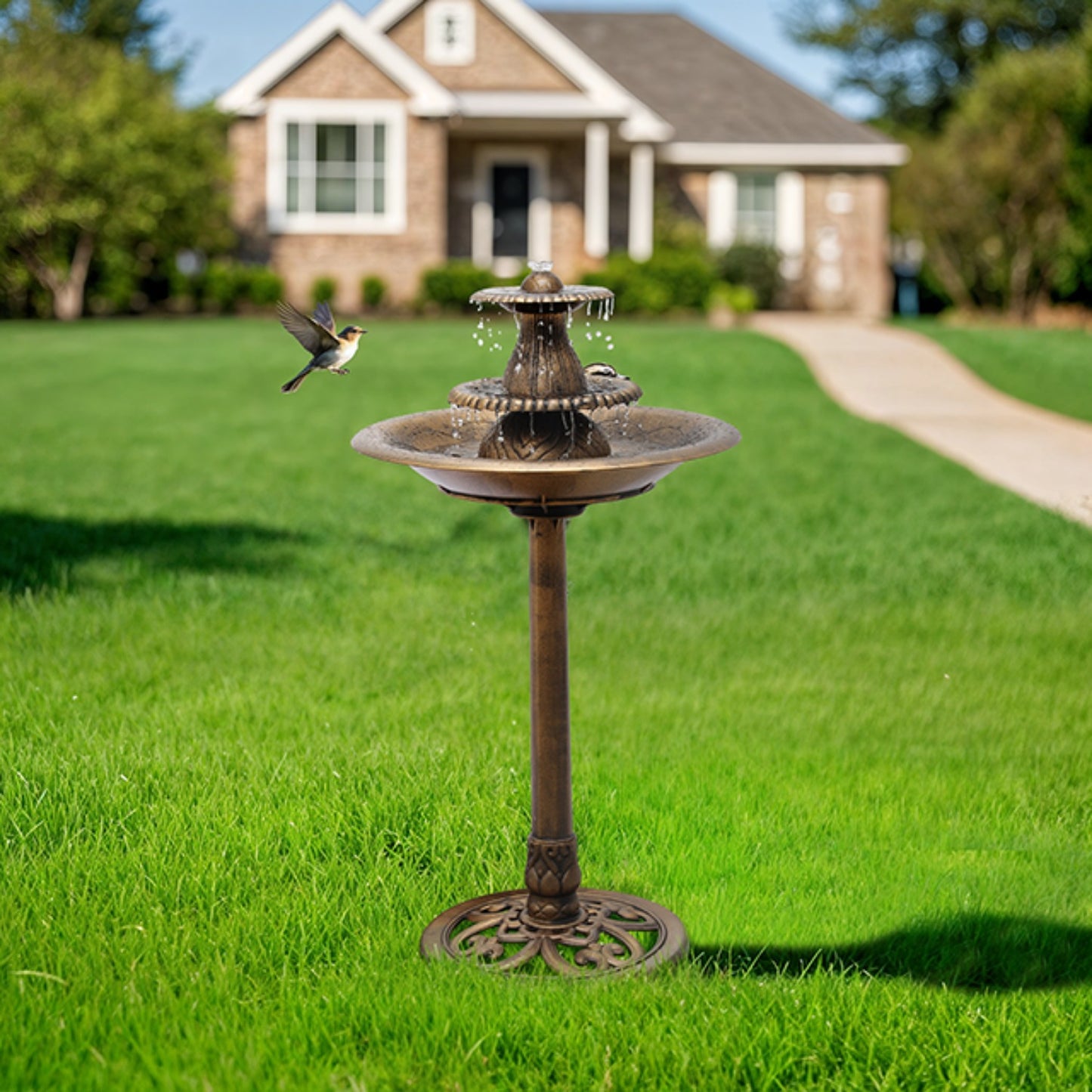 37 Inch Tiered Bird Bath Fountain Outdoor Pedestal Feature 5 Liter Capacity Weather Resistant Garden Decor for Patio Deck and Backyard