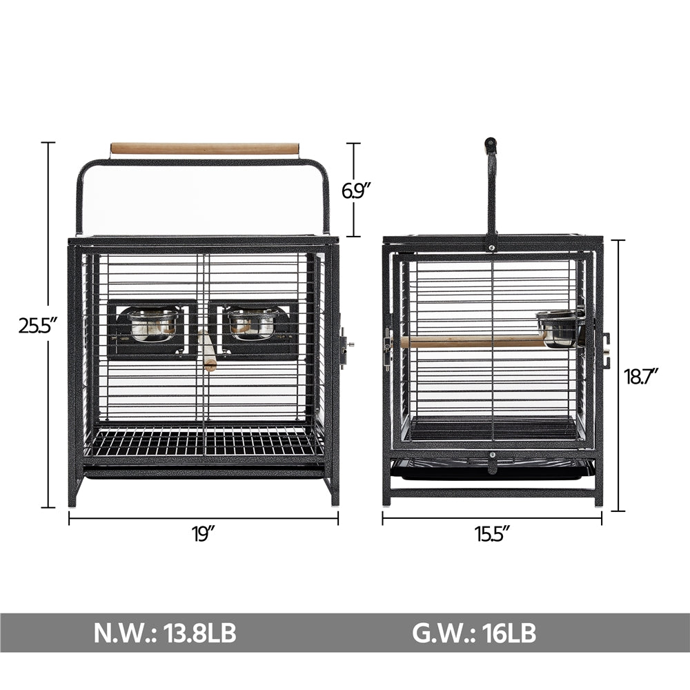 25.5'' Wrought Iron Travel Bird Cage Carrier with Handle, Wooden Perch & Seed Guard