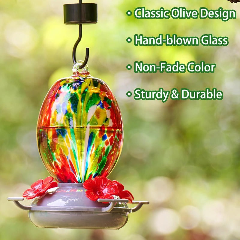 Hand Blown Glass Hummingbird Feeder With Plastic Base