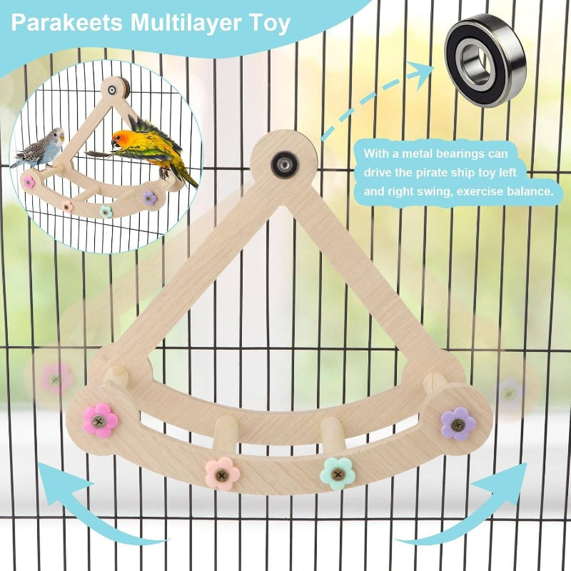 Wood Multilayer Bird Swing Playground With Chew Toys