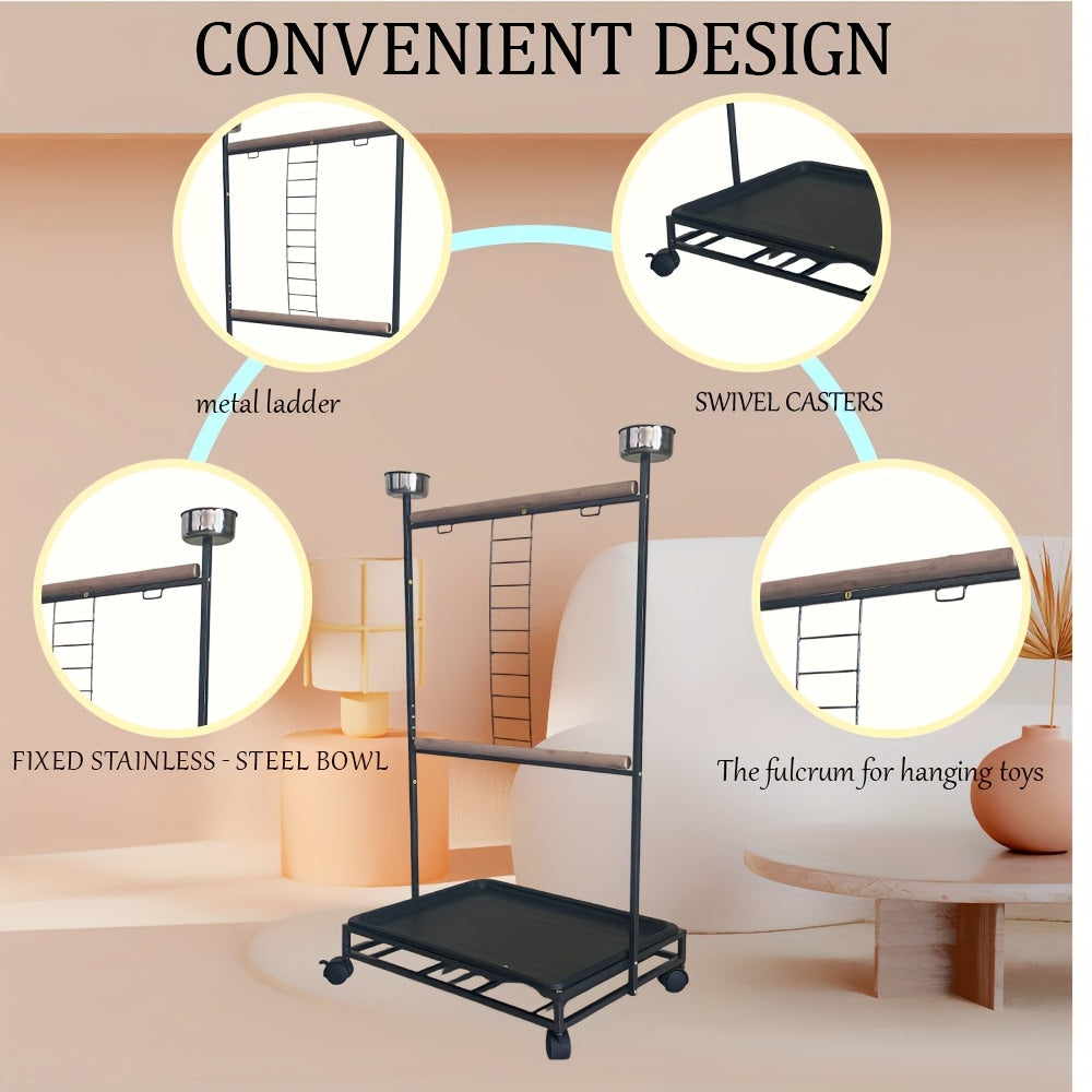 SINOPET Large Wrought Steel Bird Perch Stand 360 Degree Rotating Sturdy Metal Cage with Climbing Ladder and Feeding Station for Medium to Large Parrots Indoor Outdoor Use