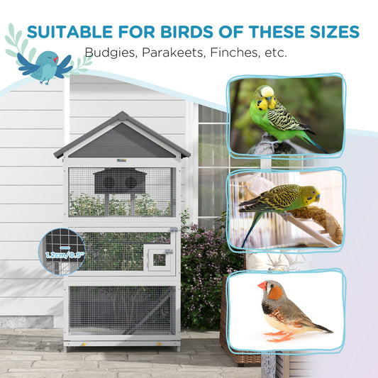 PawHut Wooden Bird Aviary 67 Inch Outdoor Bird Cage with Slide Out Tray Three Doors Birdhouse Ladder Perches for Finches Parakeets Gray