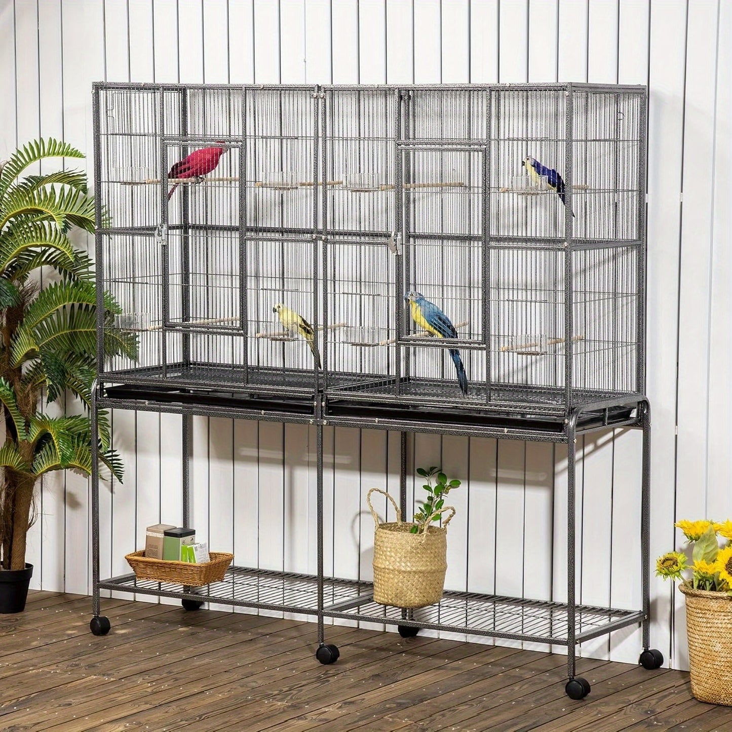 PawHut 65 Inch Double Rolling Metal Bird Cage Feeder