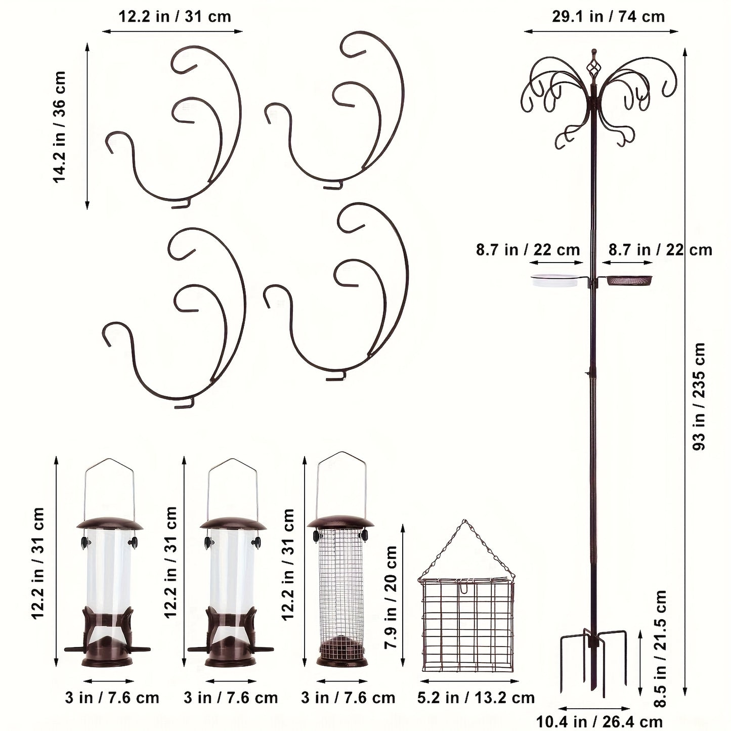 12 Hook Bird Feeder Kit Wild Bird Feeder Stand Pole with Water Bowl Mesh Tray and Squirrel Guard Baffle 94 Inch