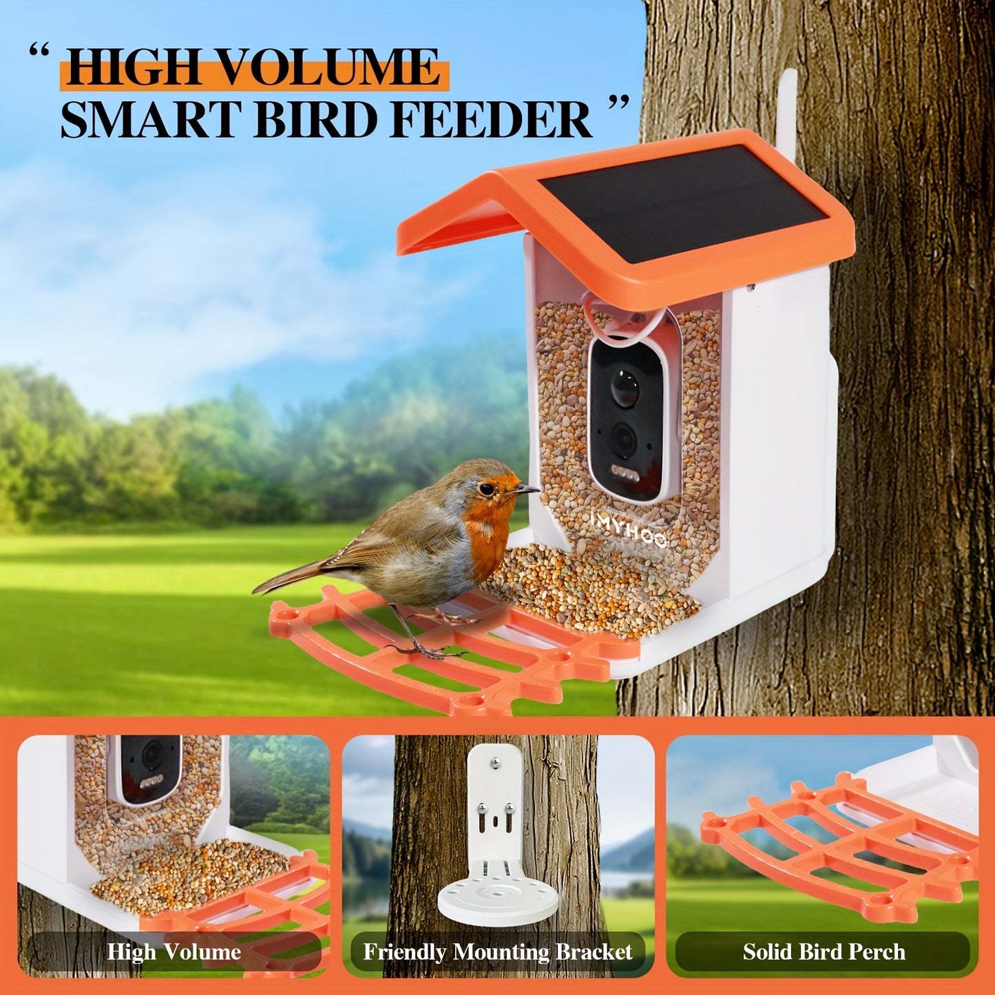 Camera Bird Feeder With AI Recognition Solar Panel Orange Smart Birdhouse For Bird Lovers Real Time Viewing Instant Alerts Connected App