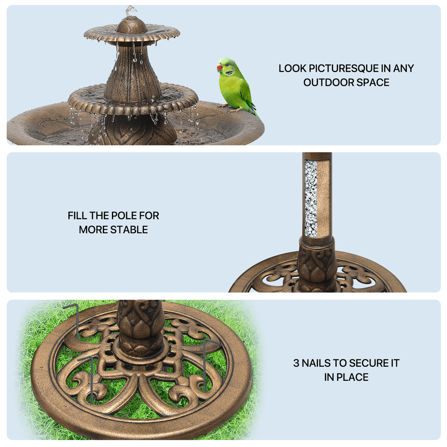37 Inch Tiered Bird Bath Fountain Outdoor Pedestal Feature 5 Liter Capacity Weather Resistant Garden Decor for Patio Deck and Backyard