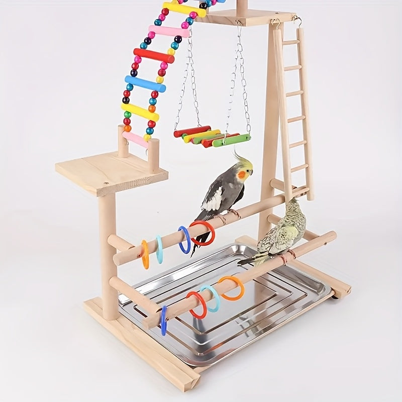 Luxury Wooden Parrot Play Tower with Swing Ladder Ring and Climbing Bridge Multifunctional Bird Perch Toy for Active Birds Natural Wood Finish Colorful Hanging Toys