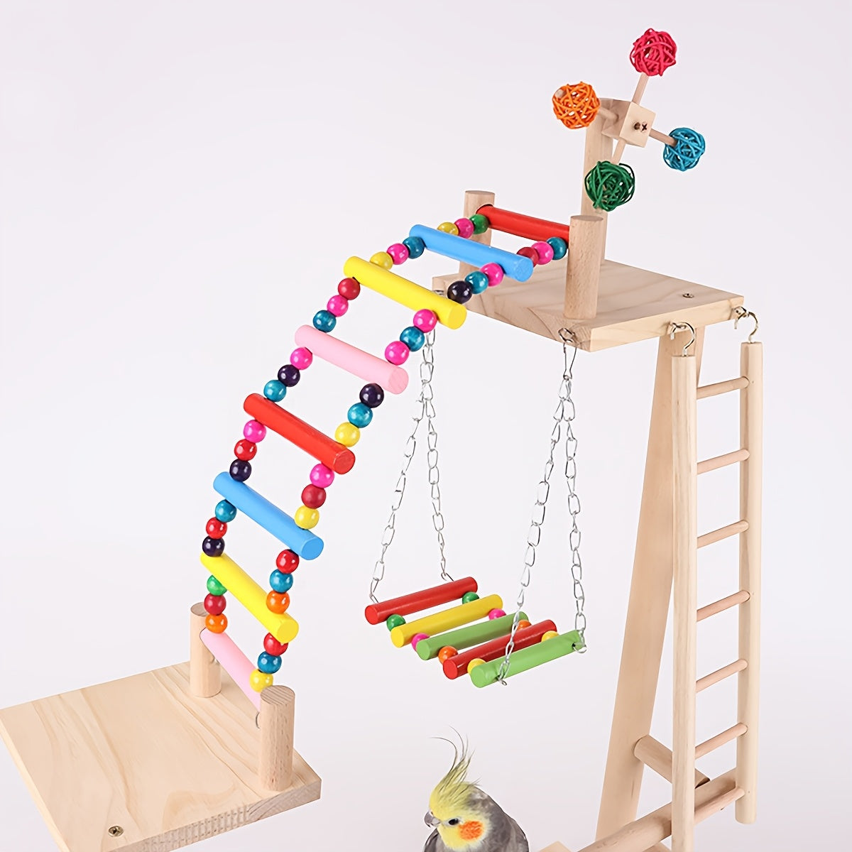 Deluxe Wooden Parrot Play Stand With Swing Ladder Rings And Climbing Bridge Multifunctional Bird Perch Toy For Climbing Swinging And Play Natural Wood Finish Colorful Hanging Toys Sturdy Design For Active Birds