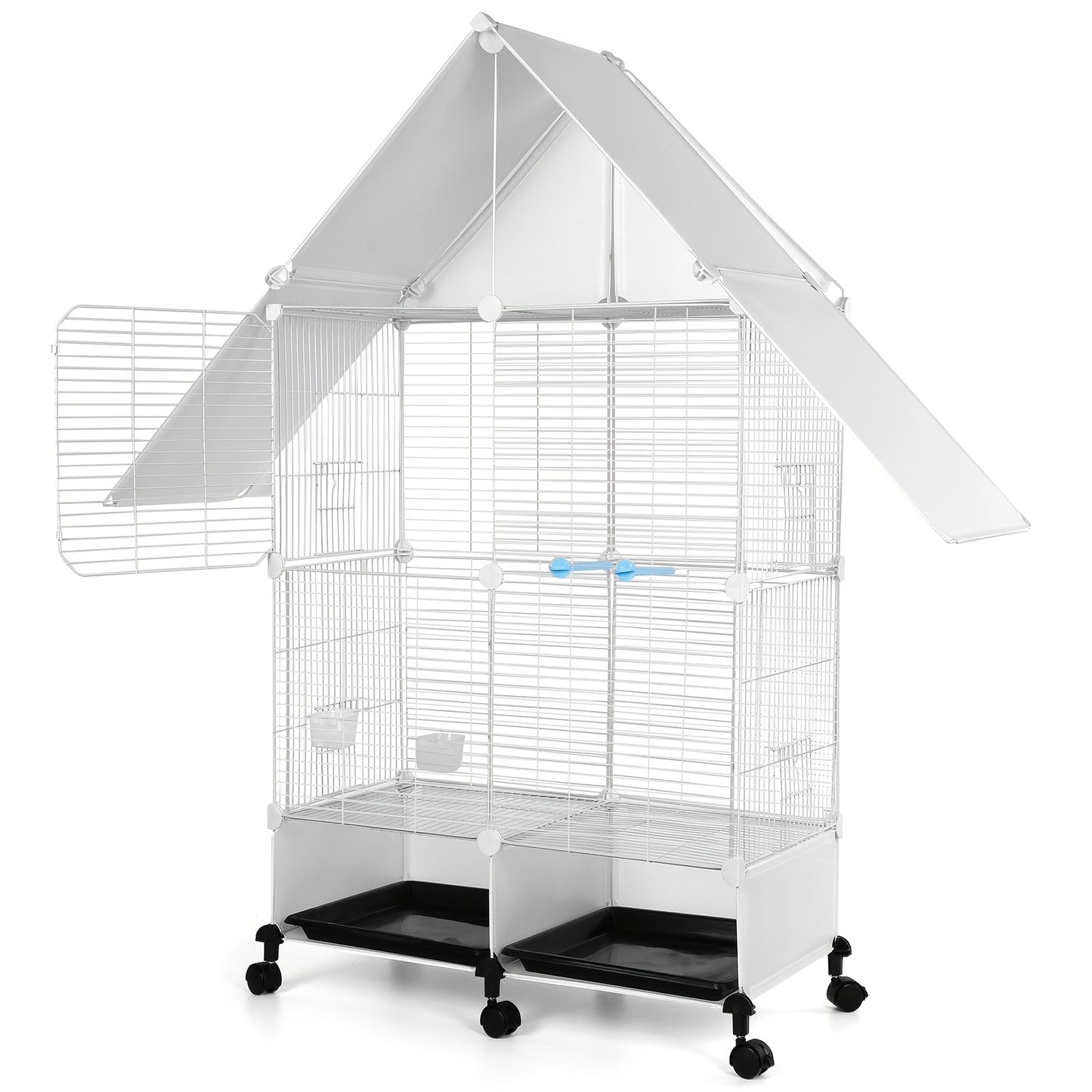 2 Tier Rolling Bird Cage Villa with Lockable Stand Sturdy Iron Construction White and Black Multi Level Design for Canaries Finches Budgies Lovebirds Parakeets and Cockatiels