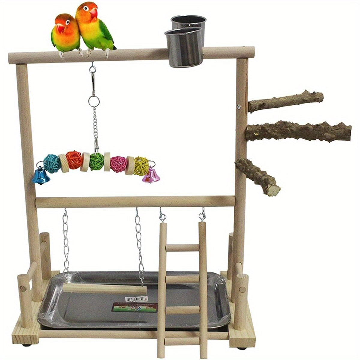 Bird Playground Parrot Perch Stand Toys Wood Play Gym Activity Center Exercise Playpen Ladder Swing with Feeder Cups Chewing Toy and Tray