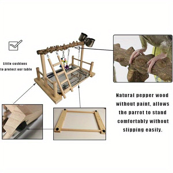 Natural Wood Parrot Playground Activity Center with Ladder Hanging Swing Feeder Cups and Chew Toys Exercise Gym for Cockatiels Conures and Lovebirds Bird Perch Training Stand for Mental Stimulation and Physical Activity