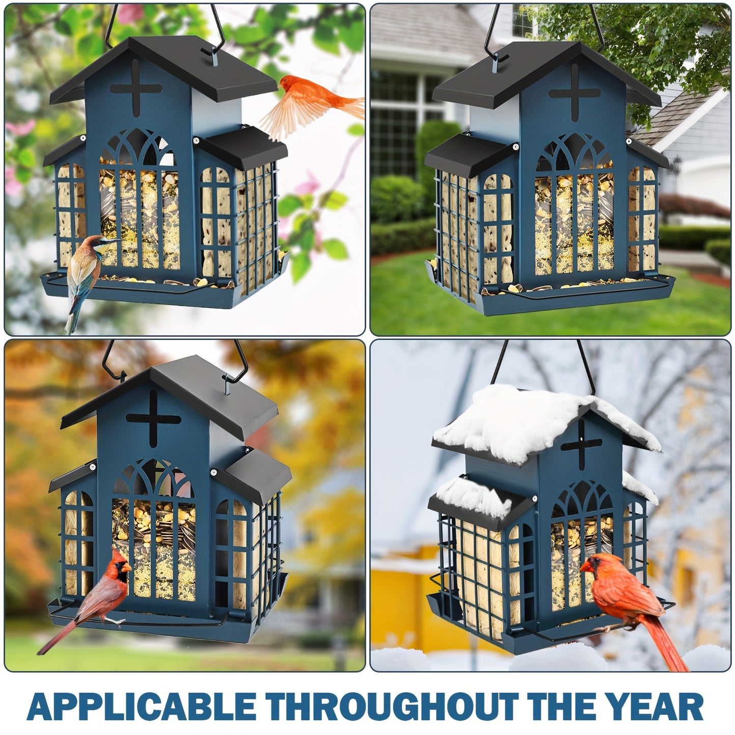 Metal Bird Feeder With 3 Mesh Side Cages Large Capacity Outdoor Hanging Feeder For Cardinals Finches Chickadees Durable Weather Resistant Design