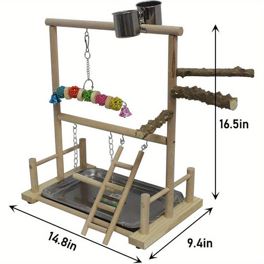 Bird Playground Parrot Perch Stand Toys Wood Play Gym Activity Center Exercise Playpen Ladder Swing with Feeder Cups Chewing Toy and Tray
