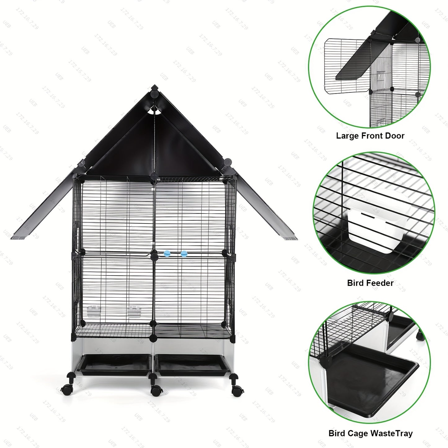 2 Tier Rolling Bird Cage Villa with Lockable Stand Sturdy Iron Construction White and Black Multi Level Design for Canaries Finches Budgies Lovebirds Parakeets and Cockatiels
