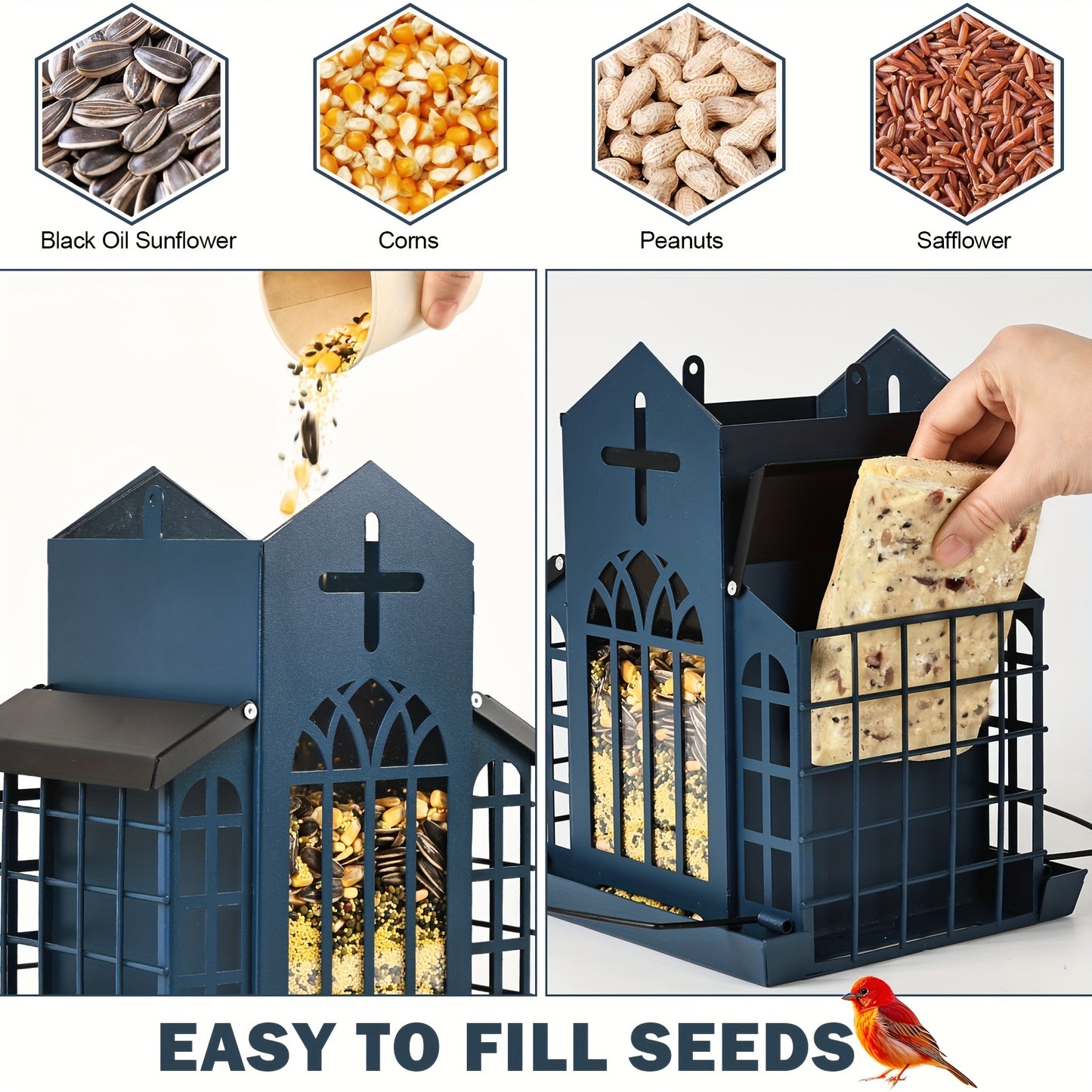 Metal Bird Feeder With 3 Mesh Side Cages Large Capacity Outdoor Hanging Feeder For Cardinals Finches Chickadees Durable Weather Resistant Design