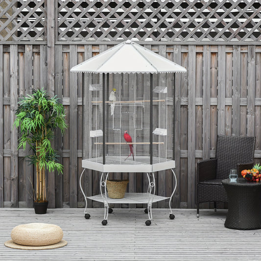 PawHut 77" Flight Bird Cage Hexagon Covered Canopy Portable Aviary with Storage