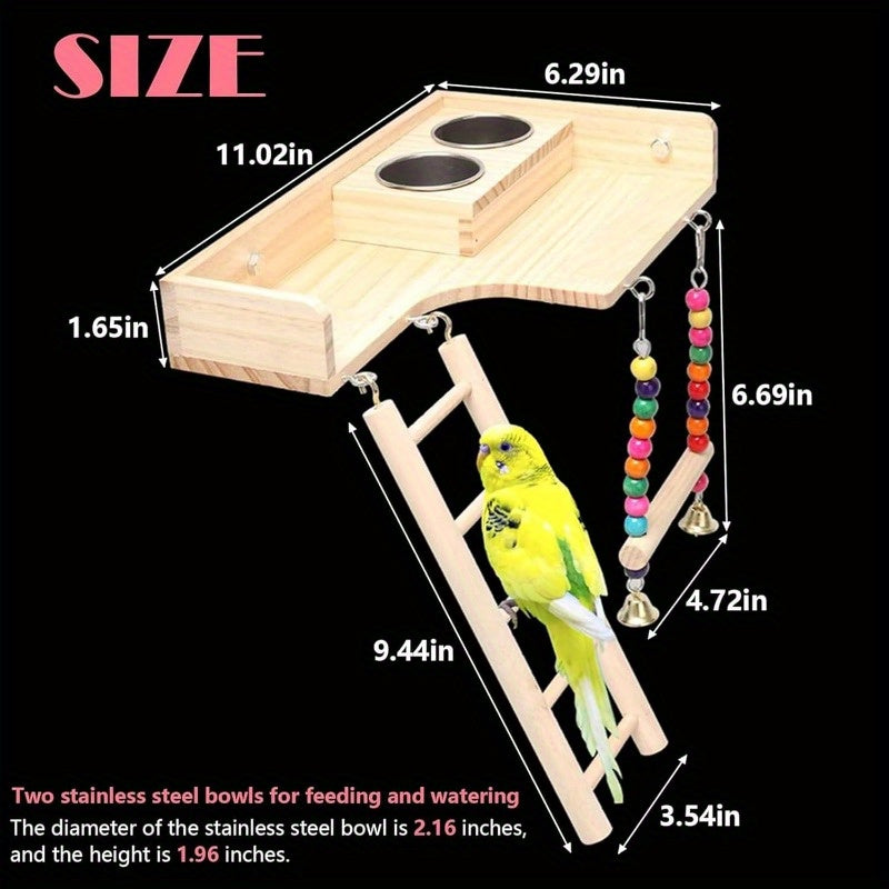 Multi Level Parrot Playground with Climbing Ladder Swing and Food Cups Heavy Duty Stainless Steel Bird Perch Platform Space Saving Cage Gym for Budgies Cockatiels Lovebirds and Finches Easy Clean Aviary Enrichment for Indoor Use