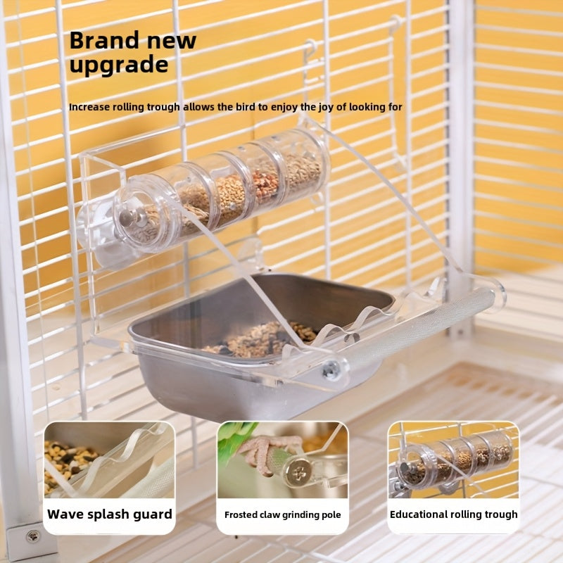 1pc Stainless Steel Transparent Non Slip Bird Cage Feeder Acrylic Parrot Foraging Station Multi Functional Parrot Food Bowl Monk Feeding Container Safe Hanging Pet Bird Feeder for Parrots Lovebirds Budgies