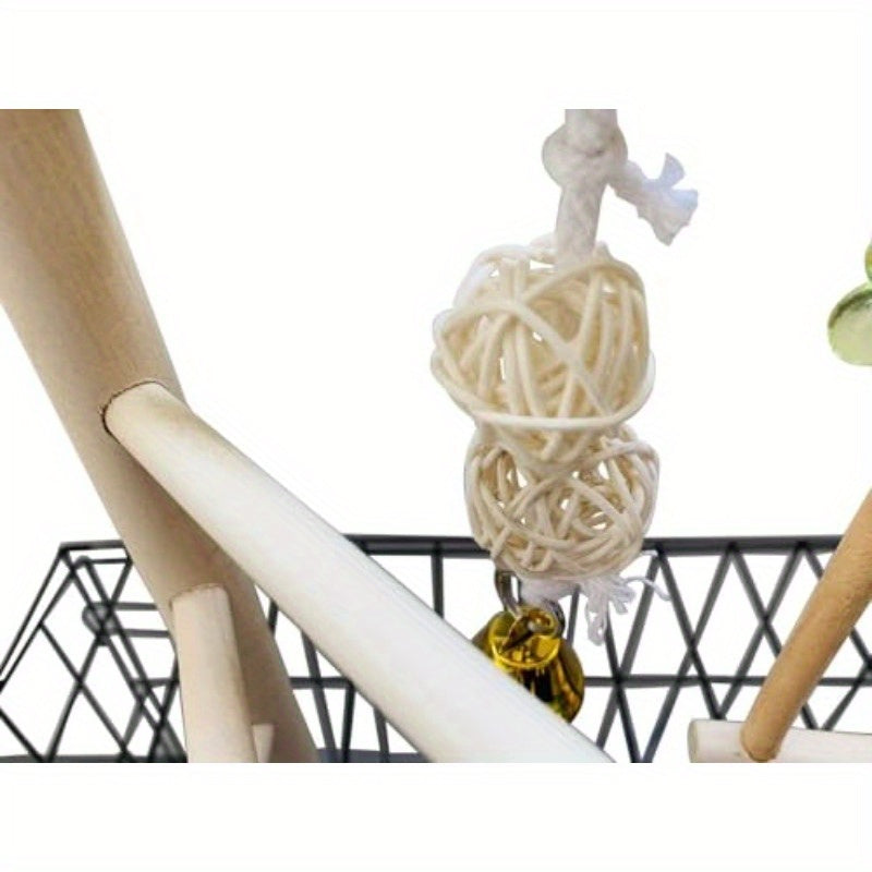 Natural Wood Bird Playground Interactive Climbing Gym Swing Perch Chew Toys with Bells Sturdy Parrot Playstand for Cockatiels Budgies Lovebirds Pet Birds Easy Assembly Cage Top Accessory Recycled Wood Construct