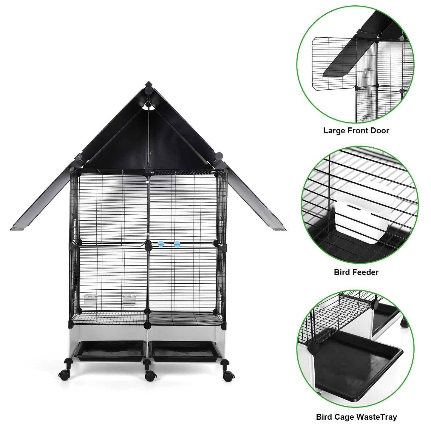 2 Tier Rolling Bird Cage Villa with Lockable Stand Sturdy Iron Construction White and Black Multi Level Design for Canaries Finches Budgies Lovebirds Parakeets and Cockatiels