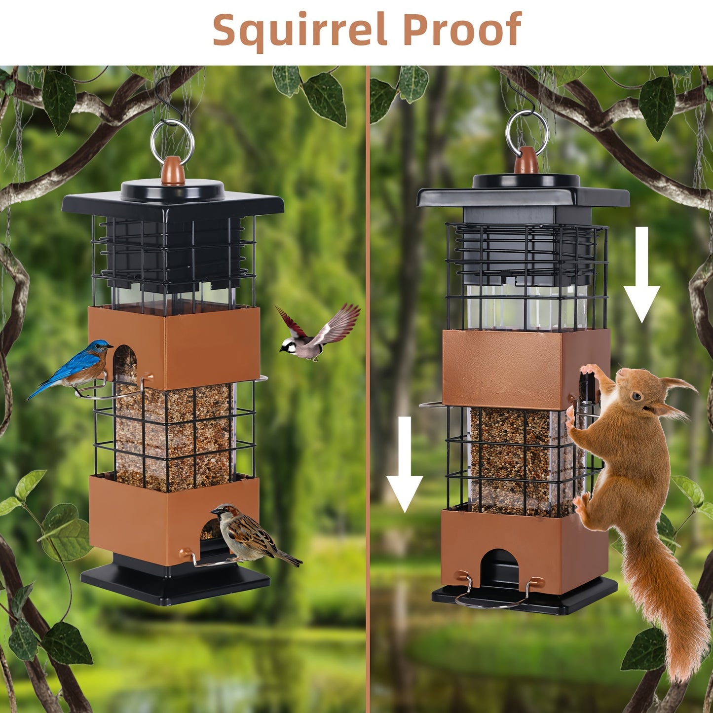Squirrel Proof Bird Feeder for Outdoors Large Capacity Metal Hanging Feeder with Weight Activated Design Weather Resistant Construction Easy Hang Chains for Wild Birds