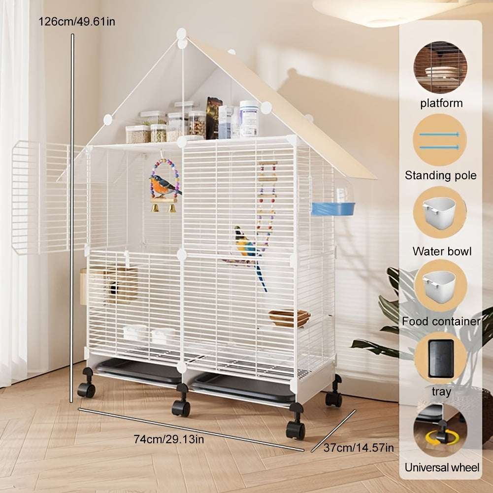 2 Tier Rolling Bird Cage Villa with Lockable Stand Sturdy Iron Construction White and Black Multi Level Design for Canaries Finches Budgies Lovebirds Parakeets and Cockatiels