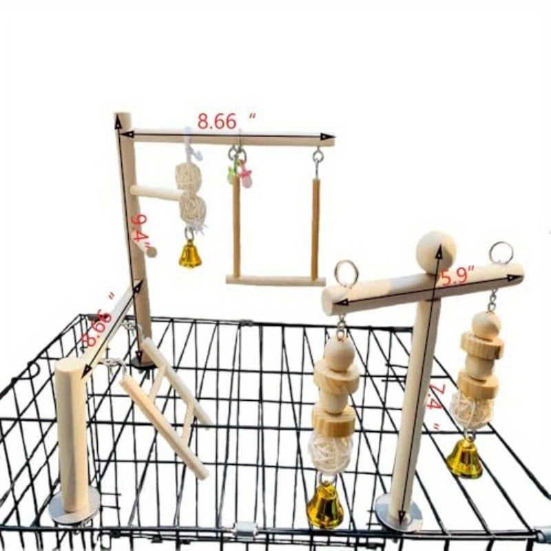 Natural Wood Bird Playground Interactive Climbing Gym Swing Perch Chew Toys with Bells Sturdy Parrot Playstand for Cockatiels Budgies Lovebirds Pet Birds Easy Assembly Cage Top Accessory Recycled Wood Construct